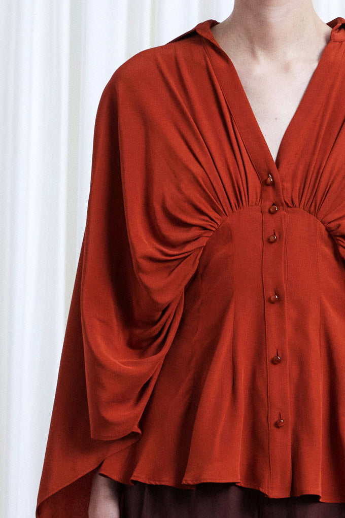 Resilient Shirt, rust crepe draped back fitted shirt