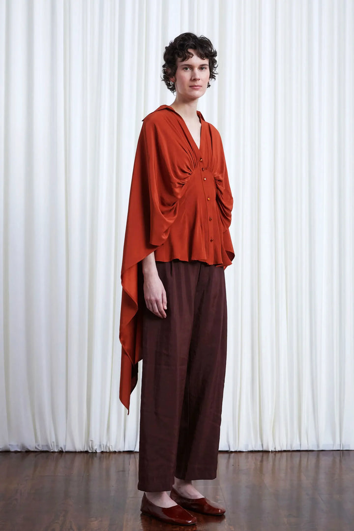 Resilient Shirt, rust crepe draped back fitted shirt