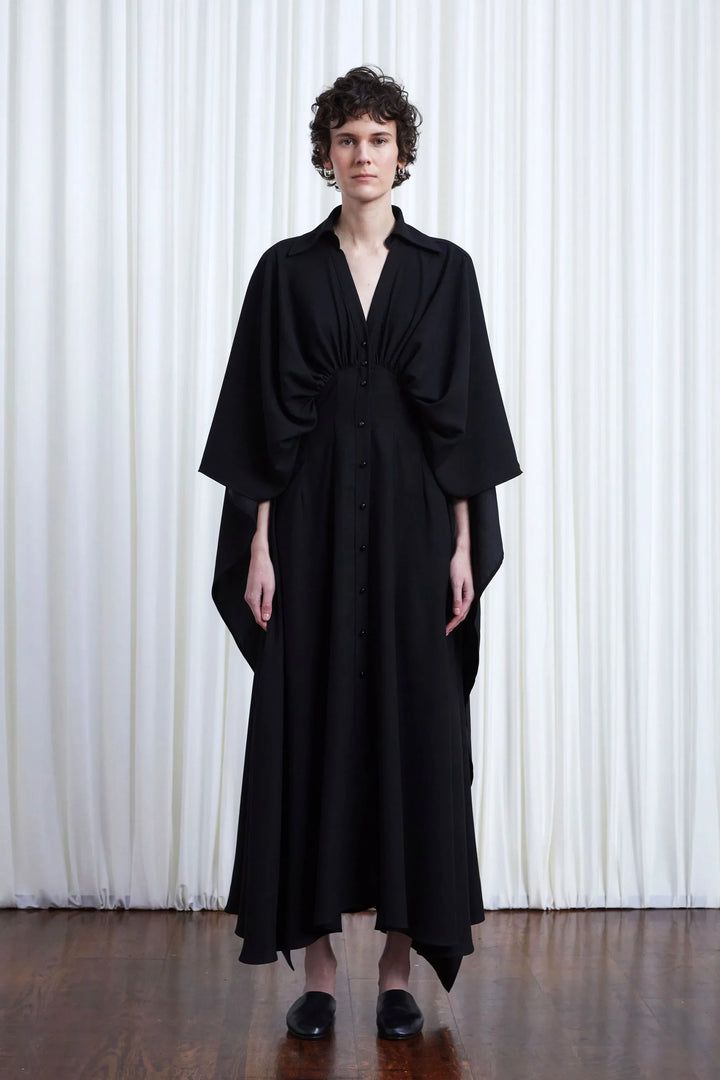 Resilient Dress, black crepe draped back dress