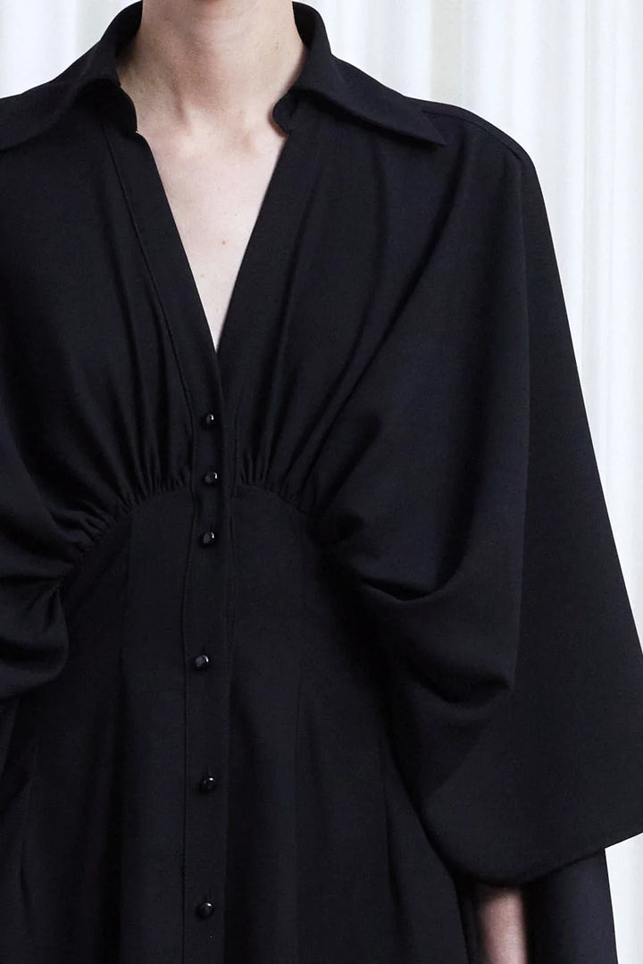 Resilient Dress, black crepe draped back dress
