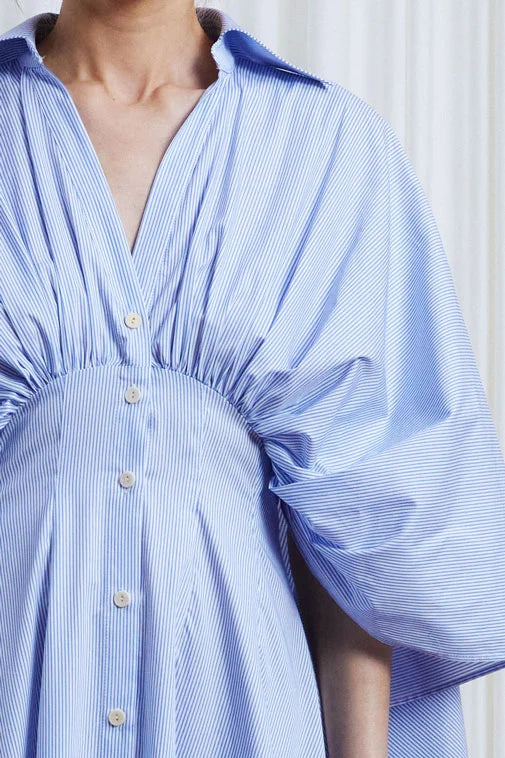 Resilient Dress, blue cotton draped back dress