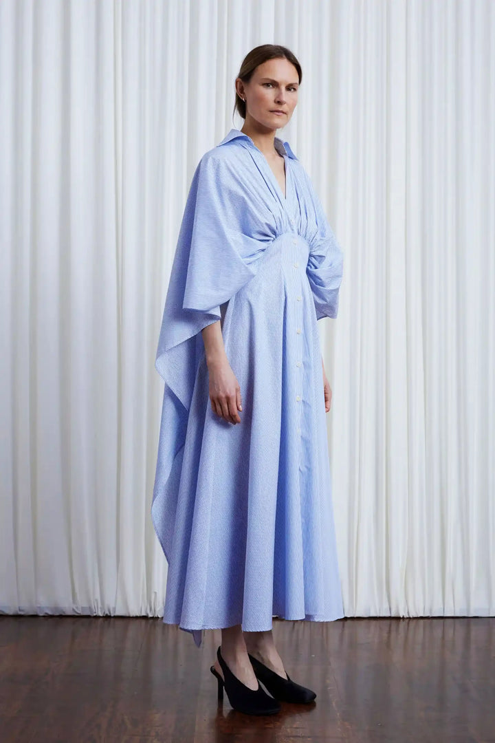 Resilient Dress, blue cotton draped back dress