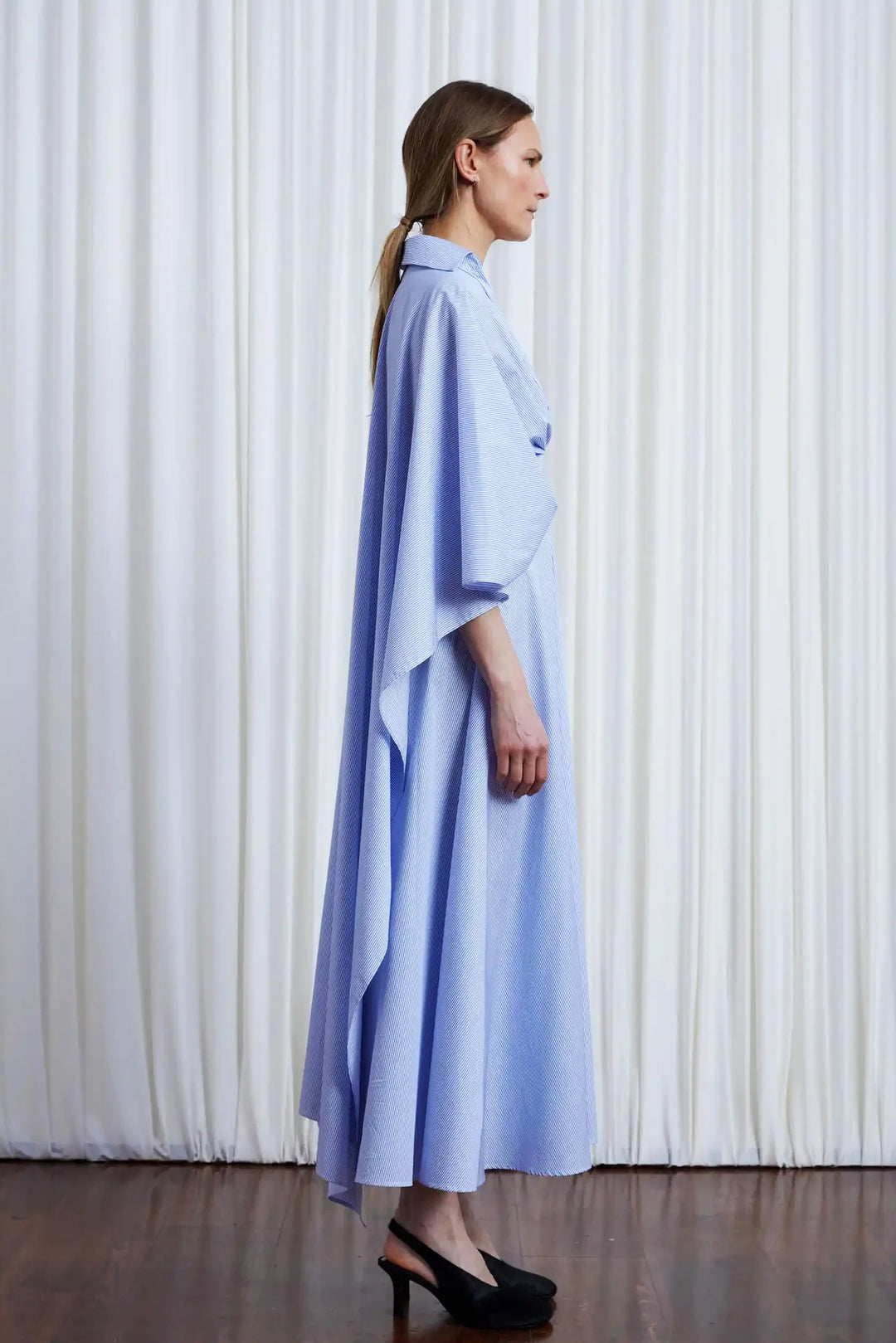 Resilient Dress, blue cotton draped back dress