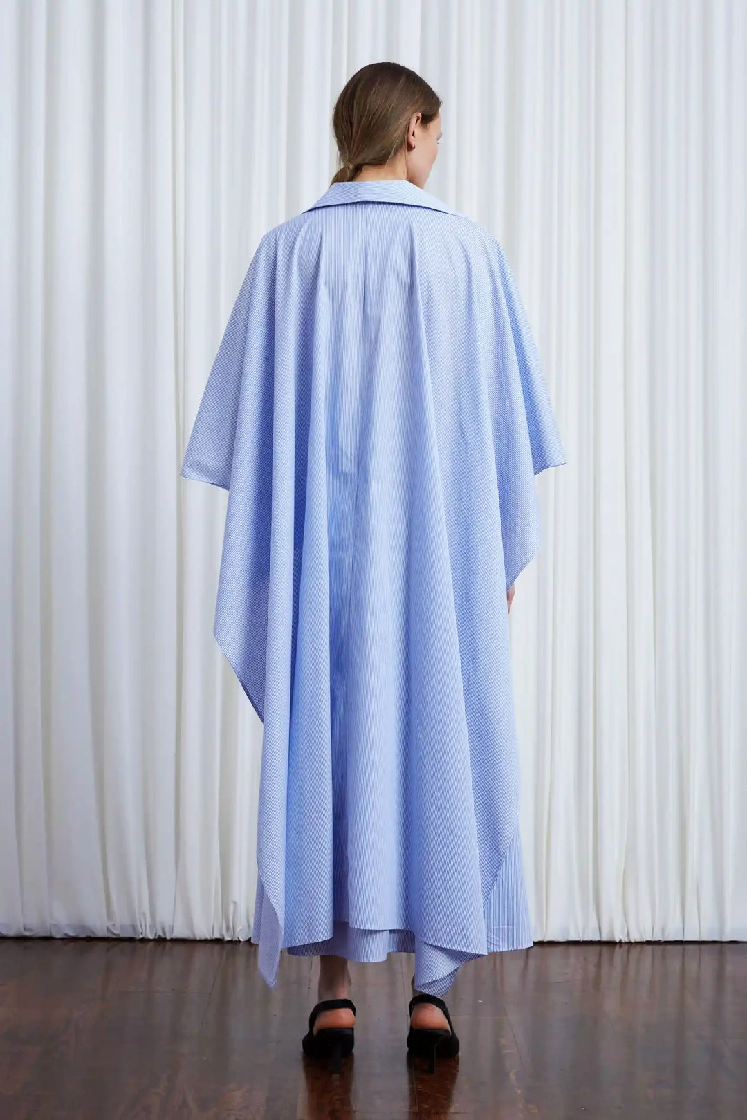 Resilient Dress, blue cotton draped back dress