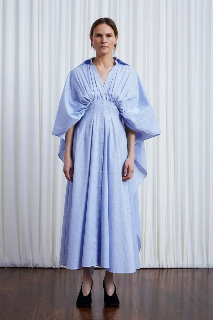 Resilient Dress, blue cotton draped back dress