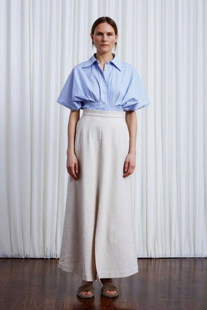 Resilient Skirt, ecru textured denim split long skirt