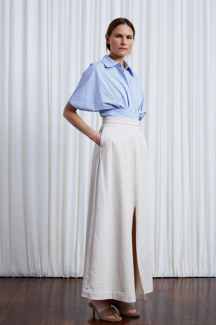 Resilient Skirt, ecru textured denim split long skirt