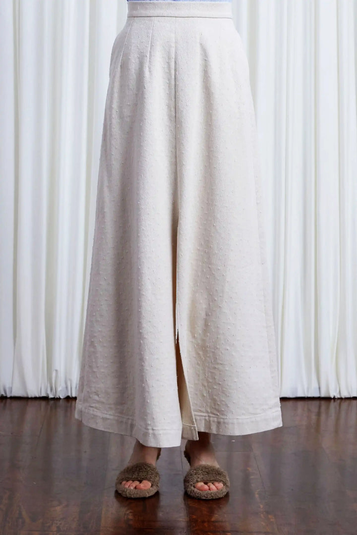 Resilient Skirt, ecru textured denim split long skirt