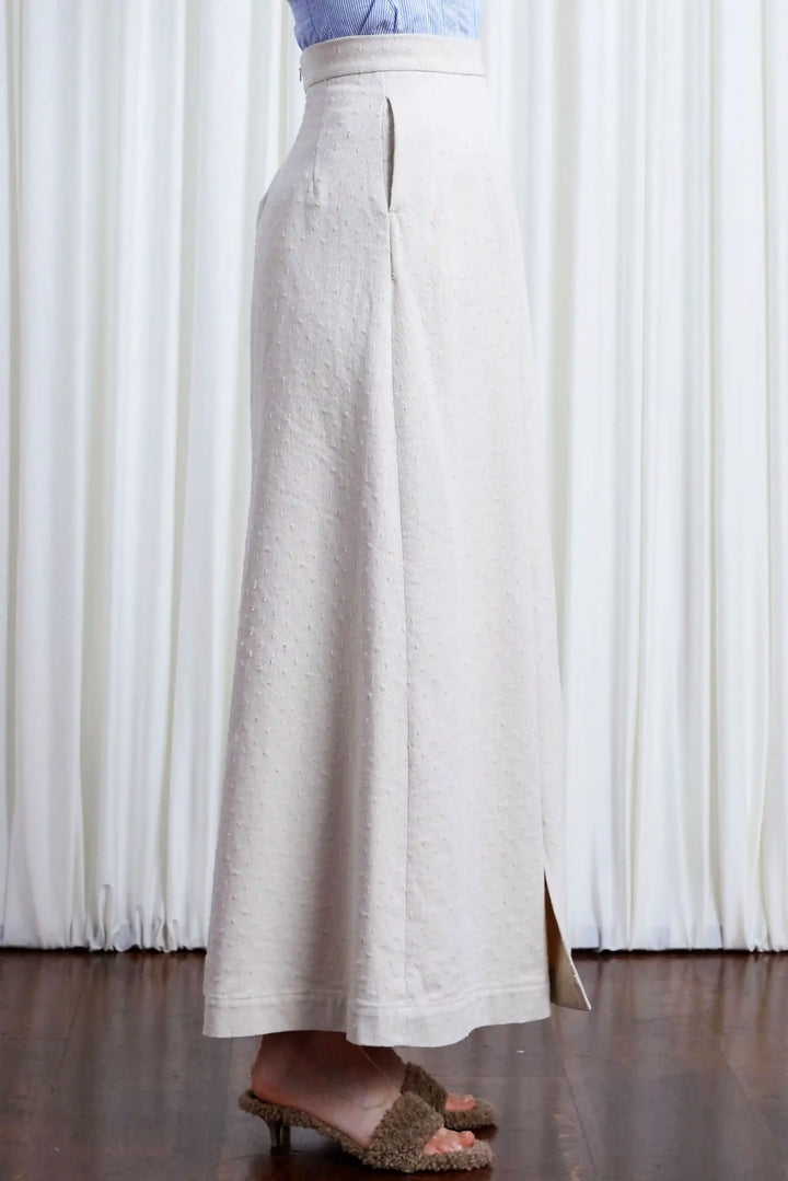 Resilient Skirt, ecru textured denim split long skirt