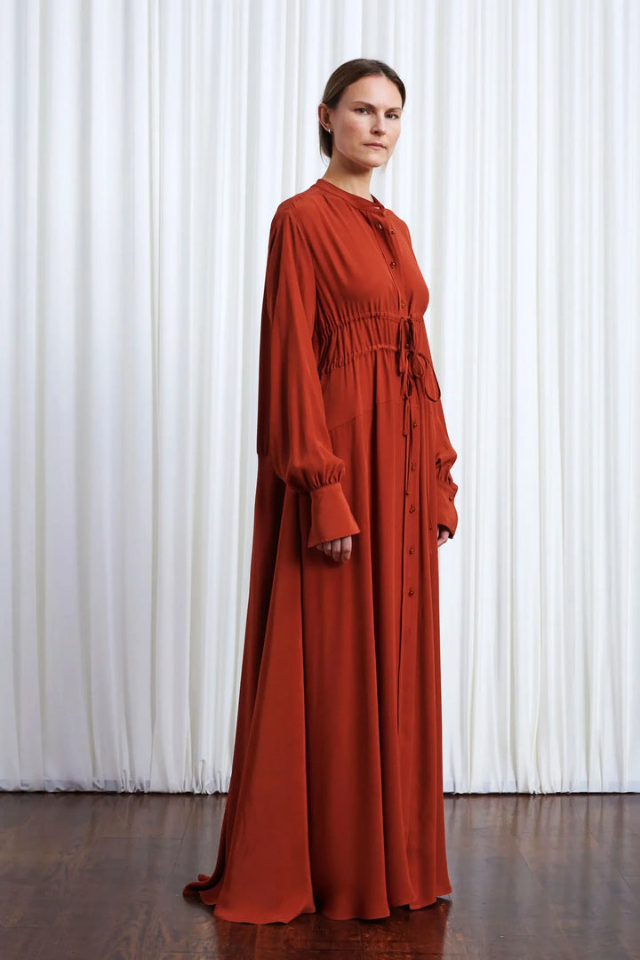 Clarity Dress, rust crepe maxi dress