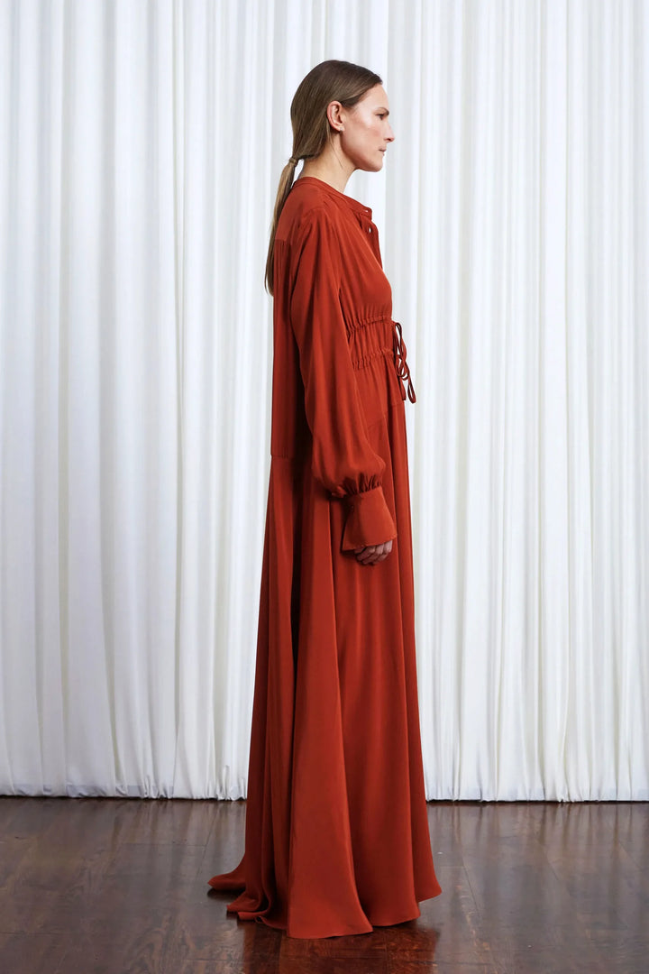 Clarity Dress, rust crepe maxi dress