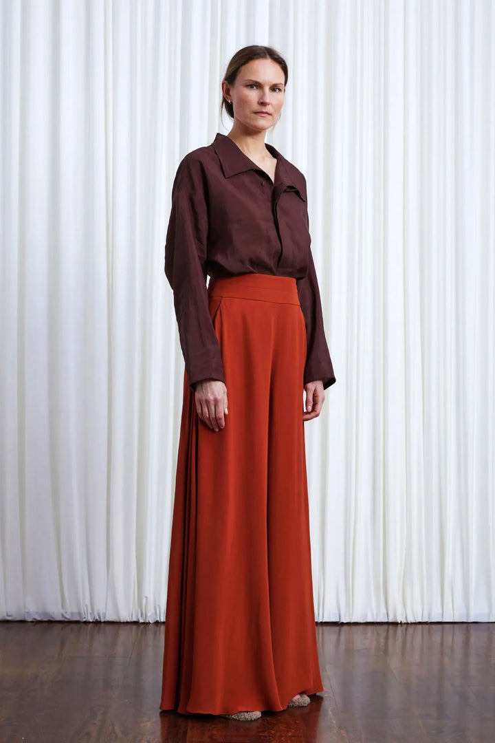 Clarity Trousers, rust crepe wide leg trousers