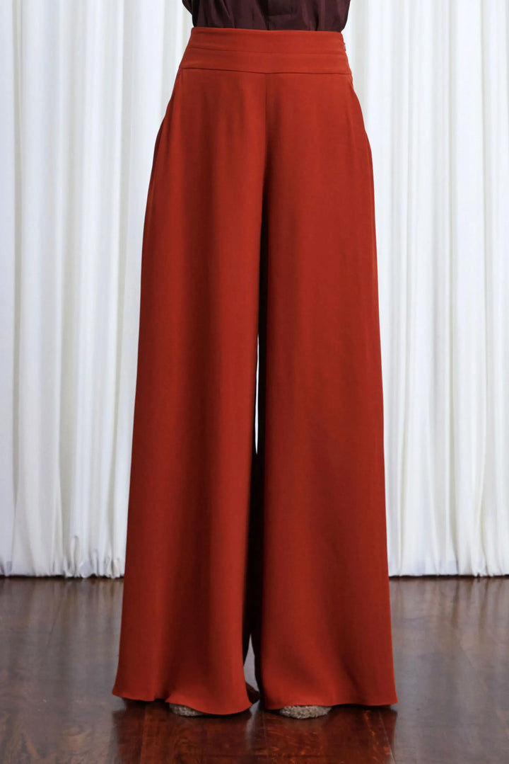 Clarity Trousers, rust crepe wide leg trousers