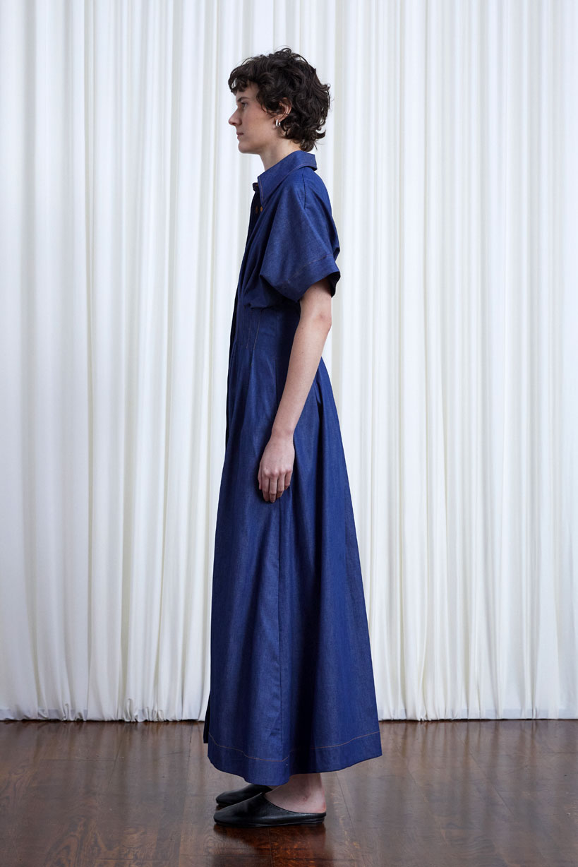 Courage Dress, indigo denim pleated waist midi dress