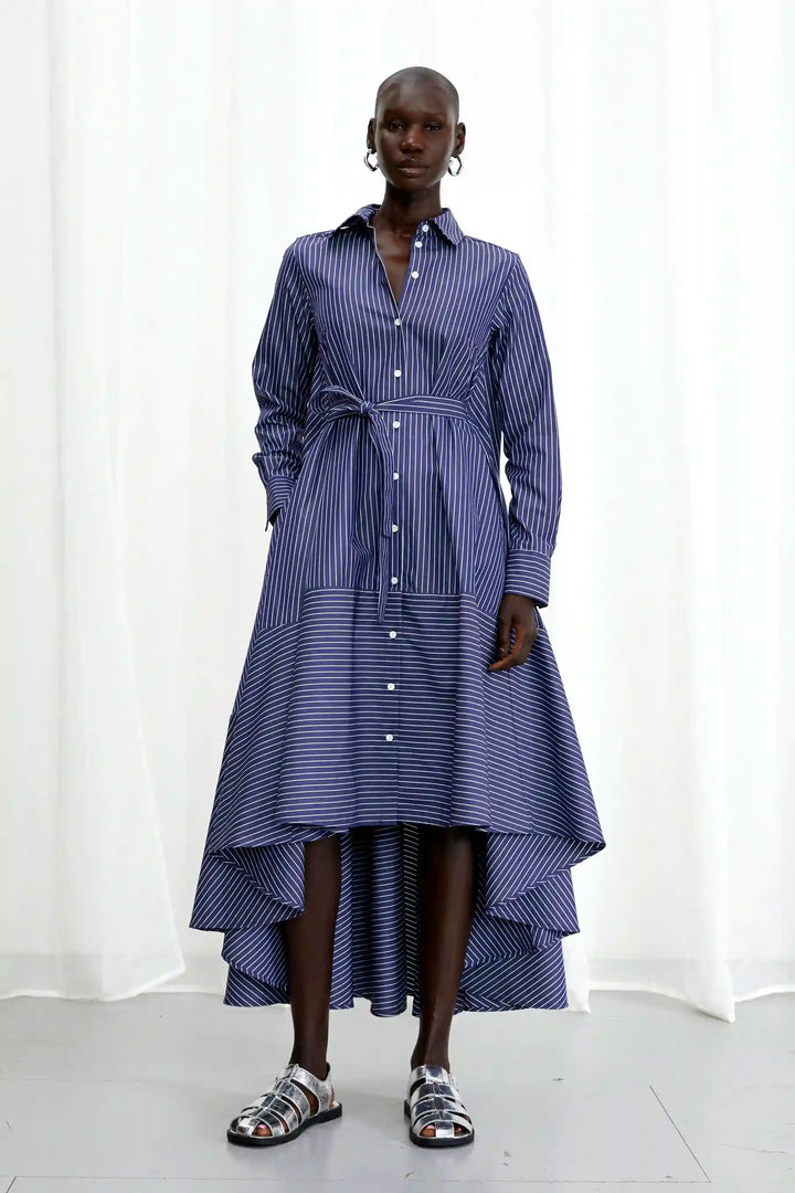 Prosperity Dress, navy striped cotton a-line dress