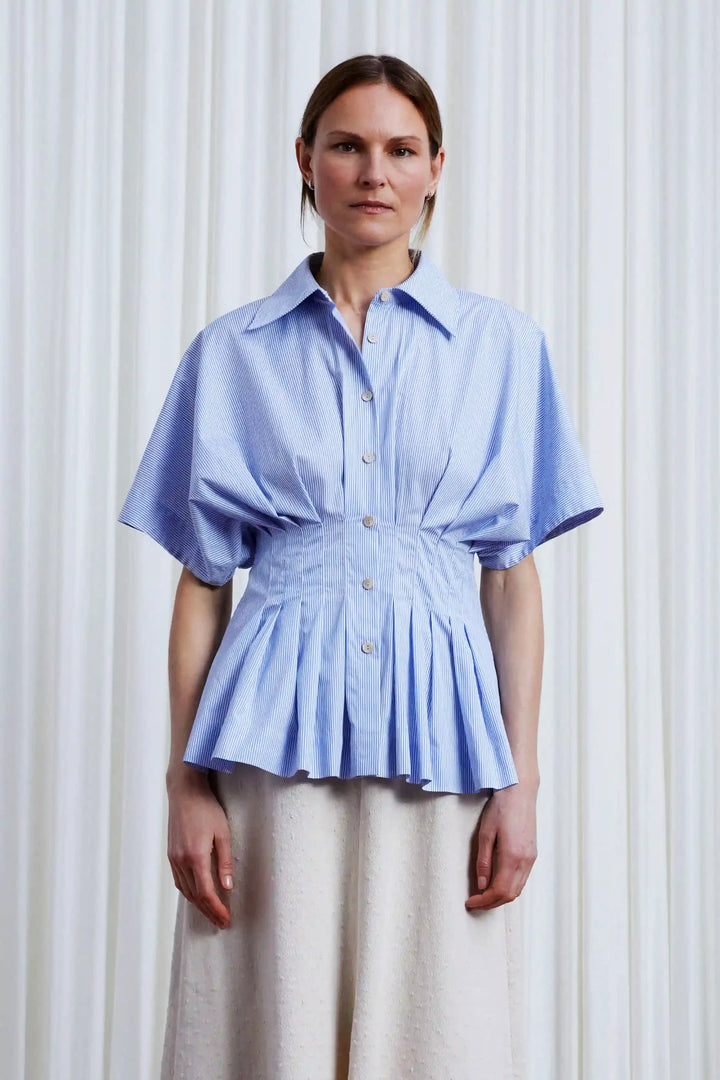 Courage Shirt, blue striped pleated waist shirt