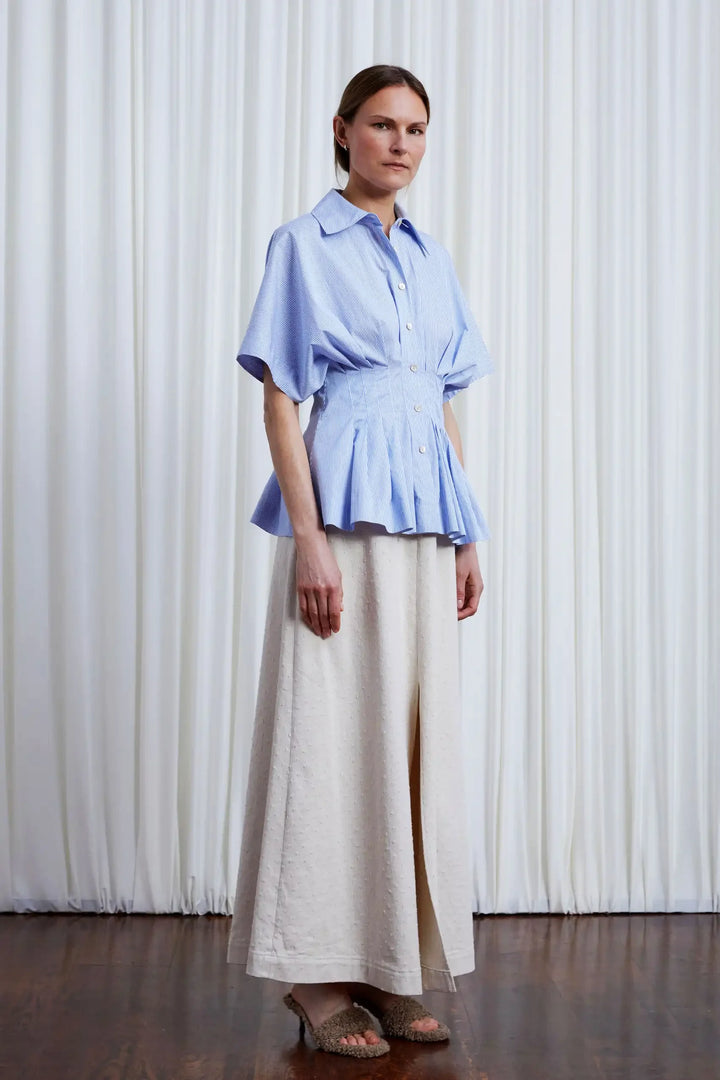 Courage Shirt, blue striped pleated waist shirt