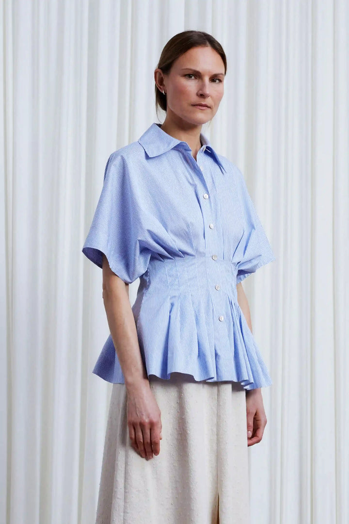 Courage Shirt, blue striped pleated waist shirt