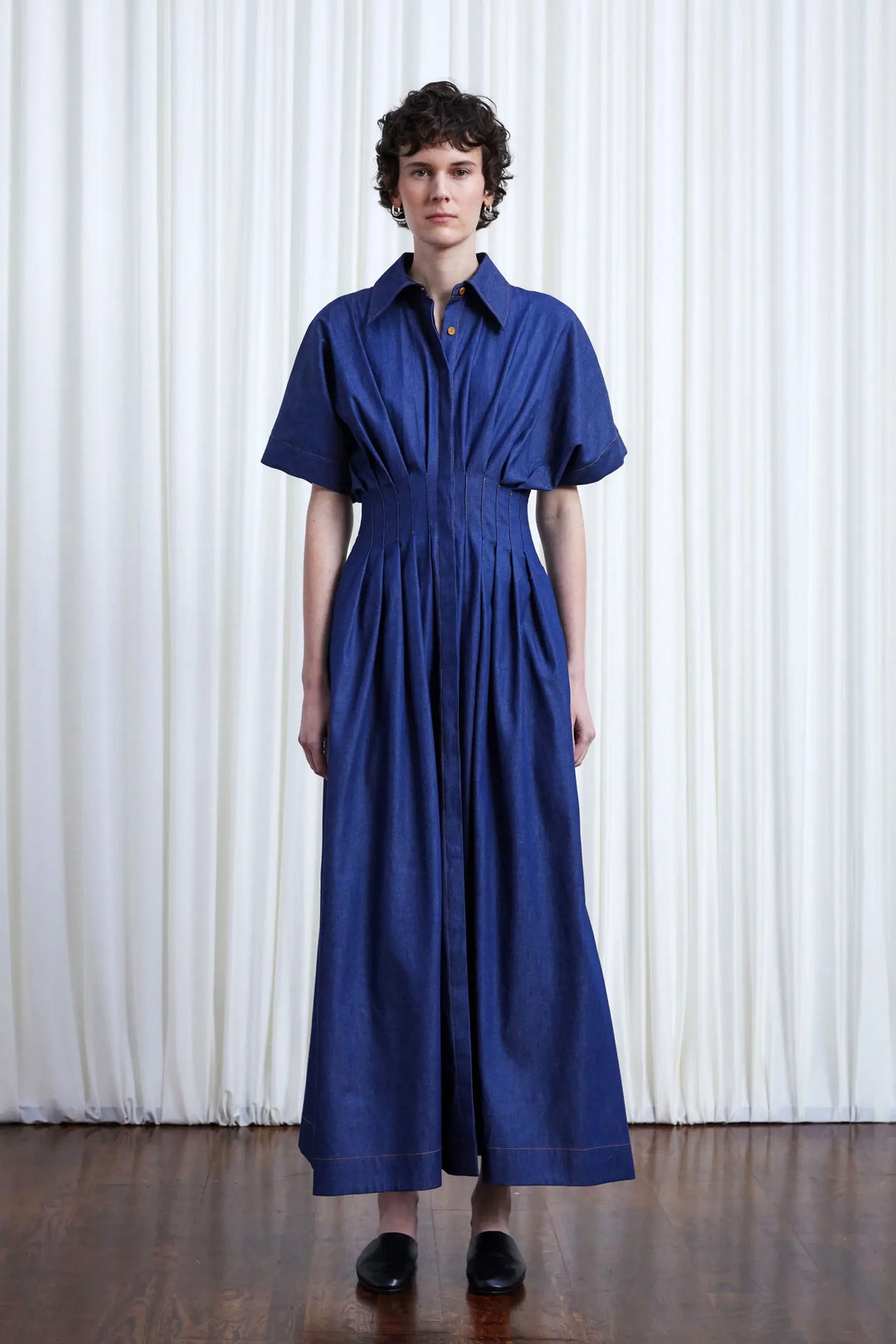 Courage Dress, indigo denim pleated waist midi dress