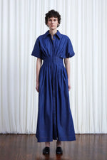 Courage Dress, indigo denim pleated waist midi dress