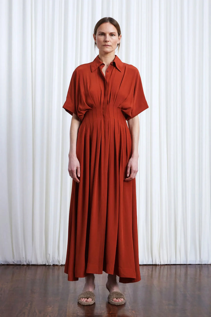 Courage Dress, rust crepe pleated waist midi dress
