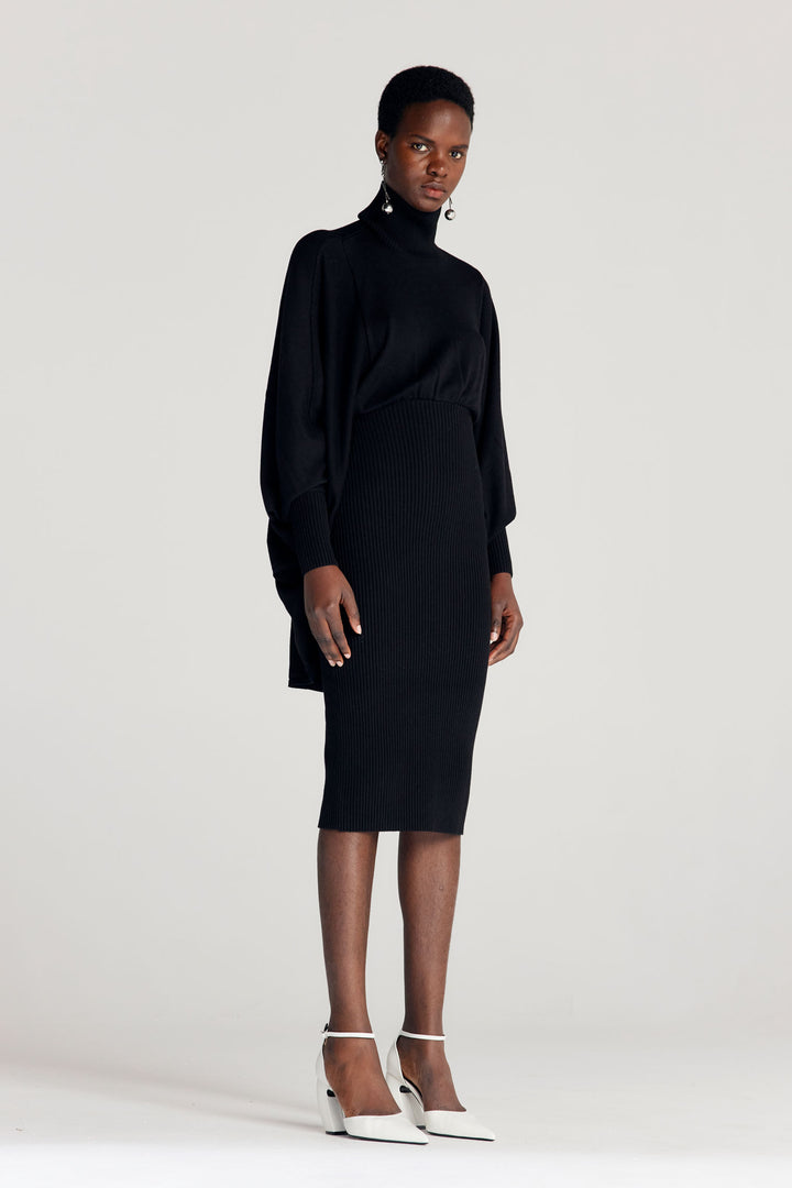 Resolute Dress, black knit draped dress