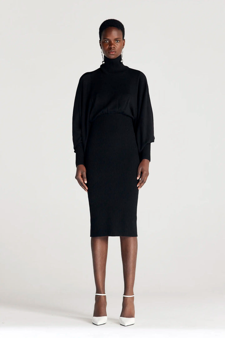 Resolute Dress, black knit draped dress