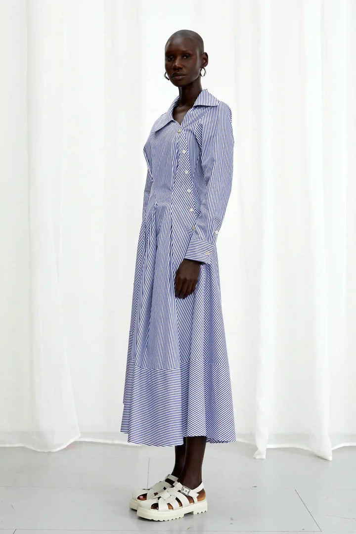 Hold Close Dress, blue striped cotton fitted shirt dress