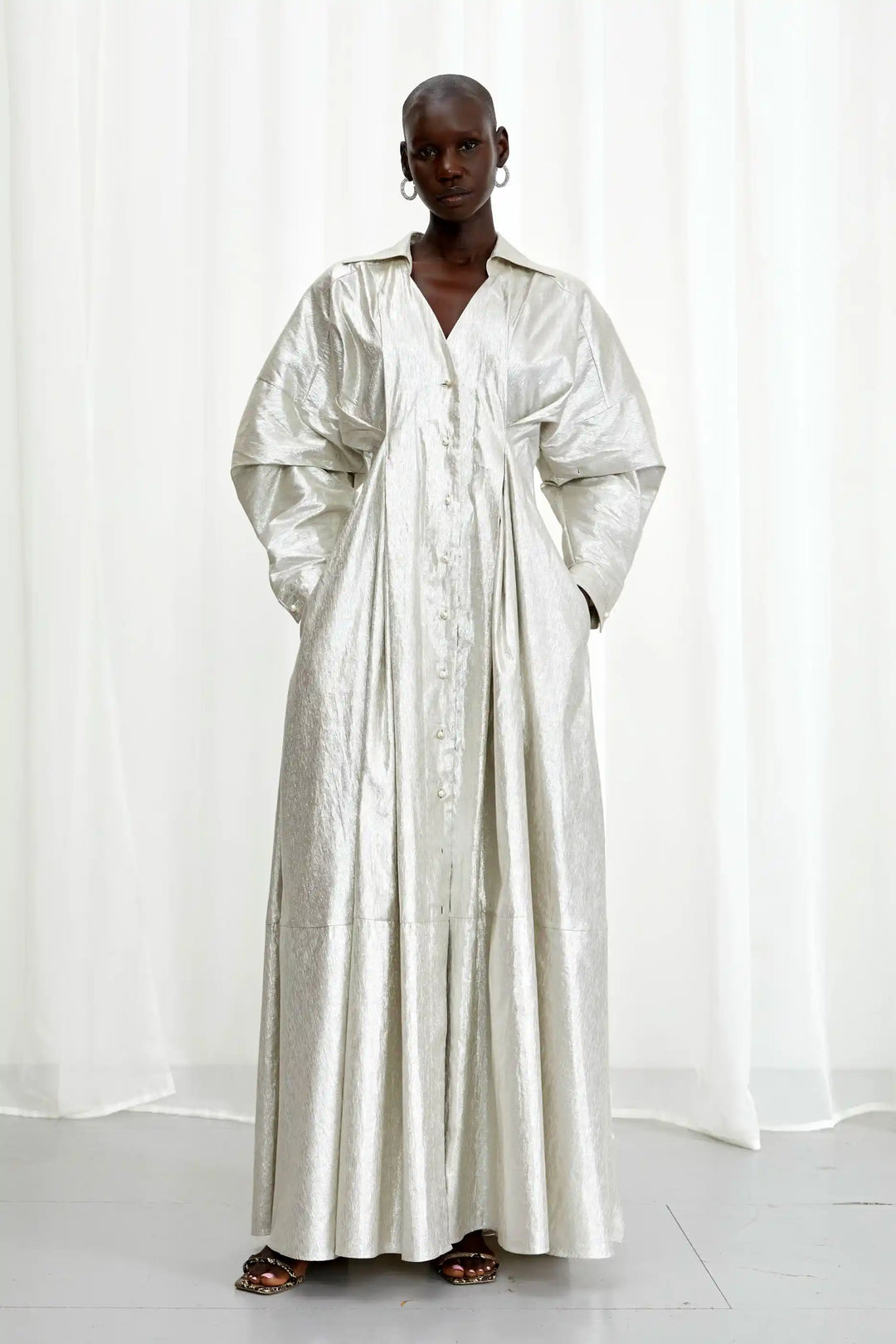 Honesty Opens Gown, silver linen maxi dress