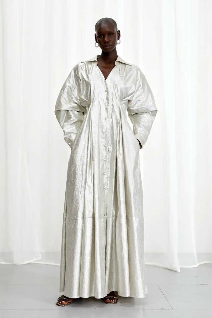 Honesty Opens Gown, silver linen maxi dress