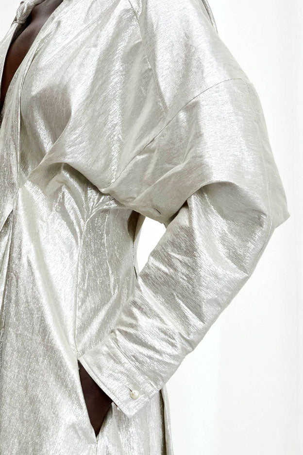 Honesty Opens Gown, silver linen maxi dress