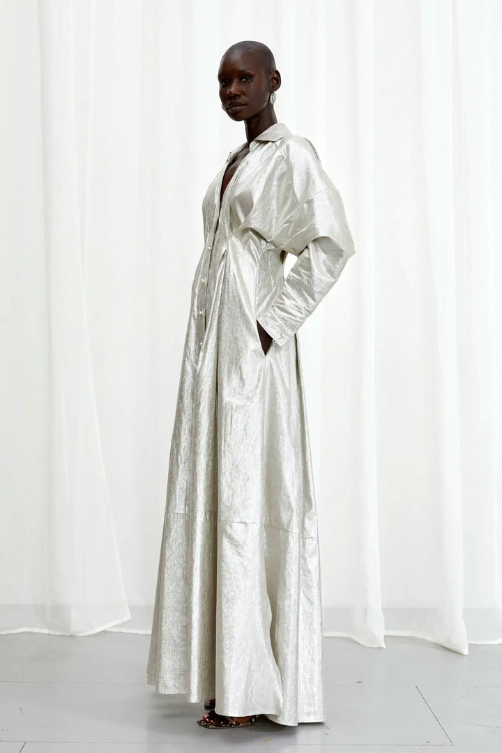 Honesty Opens Gown, silver linen maxi dress