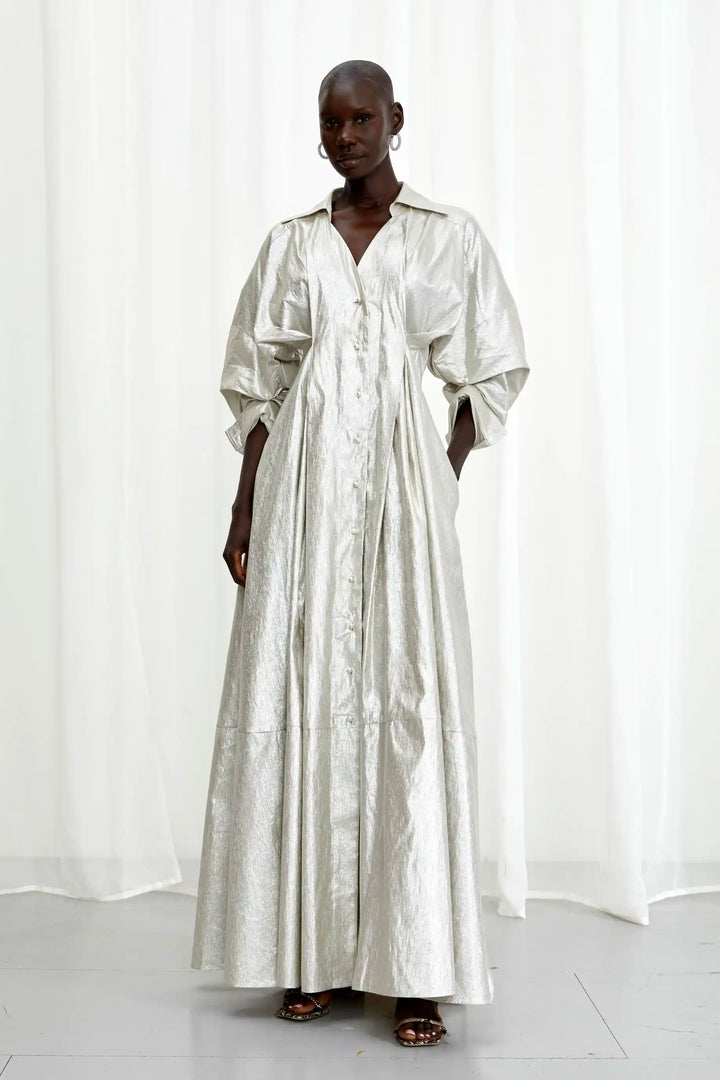 Honesty Opens Gown, silver linen maxi dress