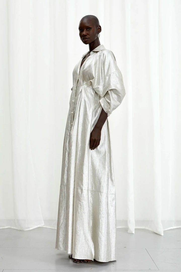 Honesty Opens Gown, silver linen maxi dress