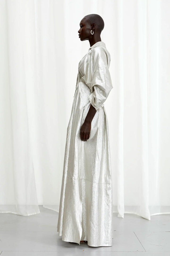 Honesty Opens Gown, silver linen maxi dress
