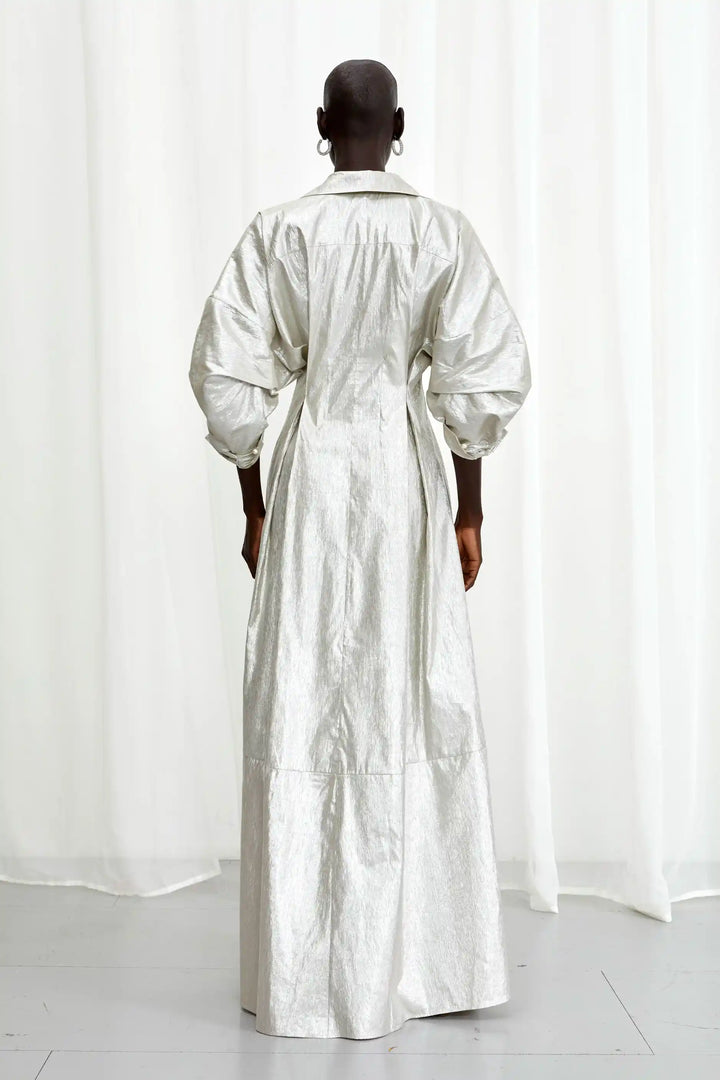 Honesty Opens Gown, silver linen maxi dress