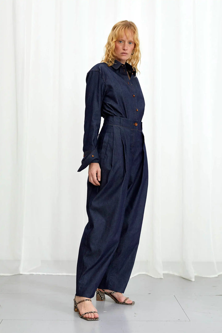 Solo Trouser, indigo denim pleated trouser