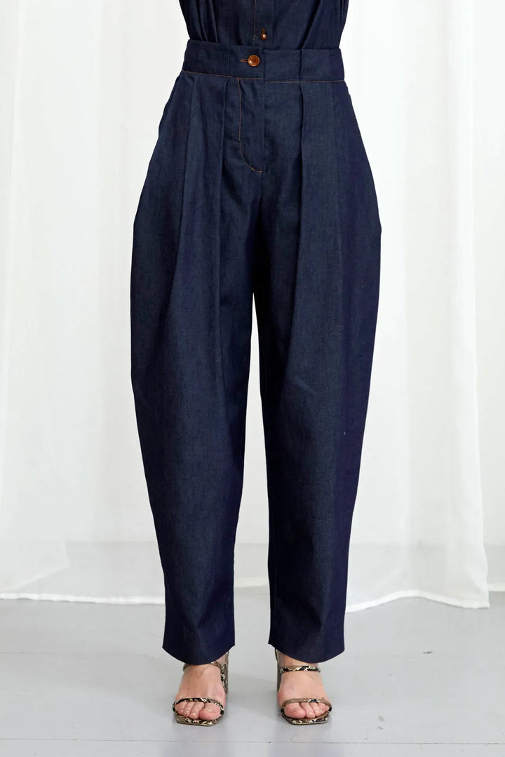 Solo Trouser, indigo denim pleated trouser