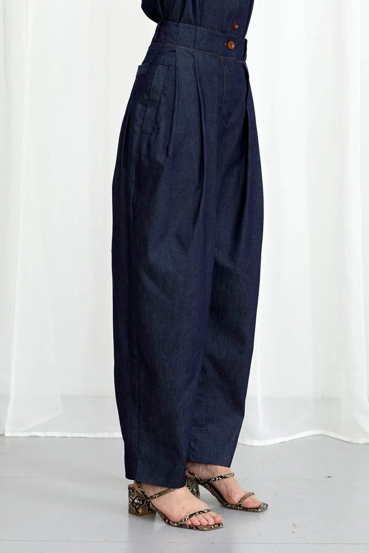 Solo Trouser, indigo denim pleated trouser