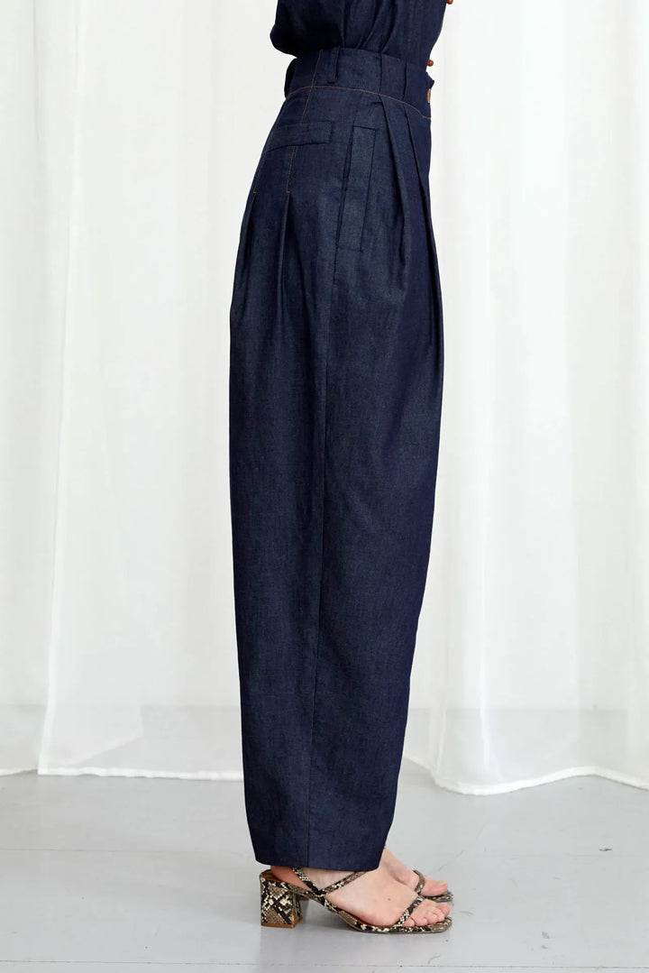 Solo Trouser, indigo denim pleated trouser
