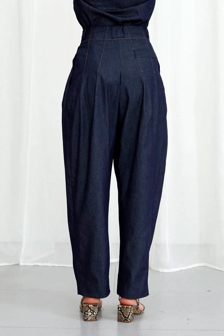 Solo Trouser, indigo denim pleated trouser