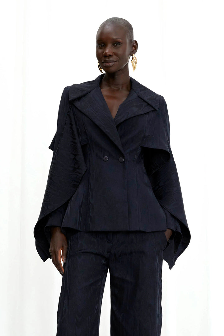 Waves Blazer, navy moire draped sleeved blazer