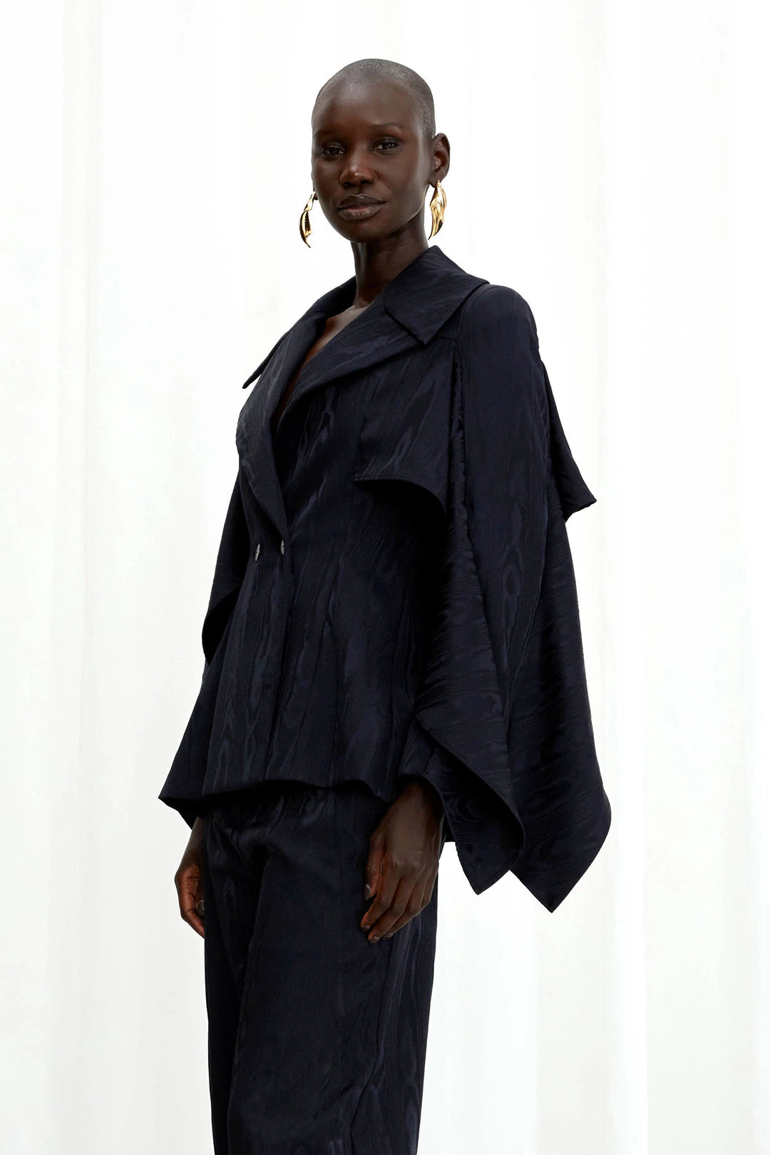 Waves Blazer, navy moire draped sleeved blazer