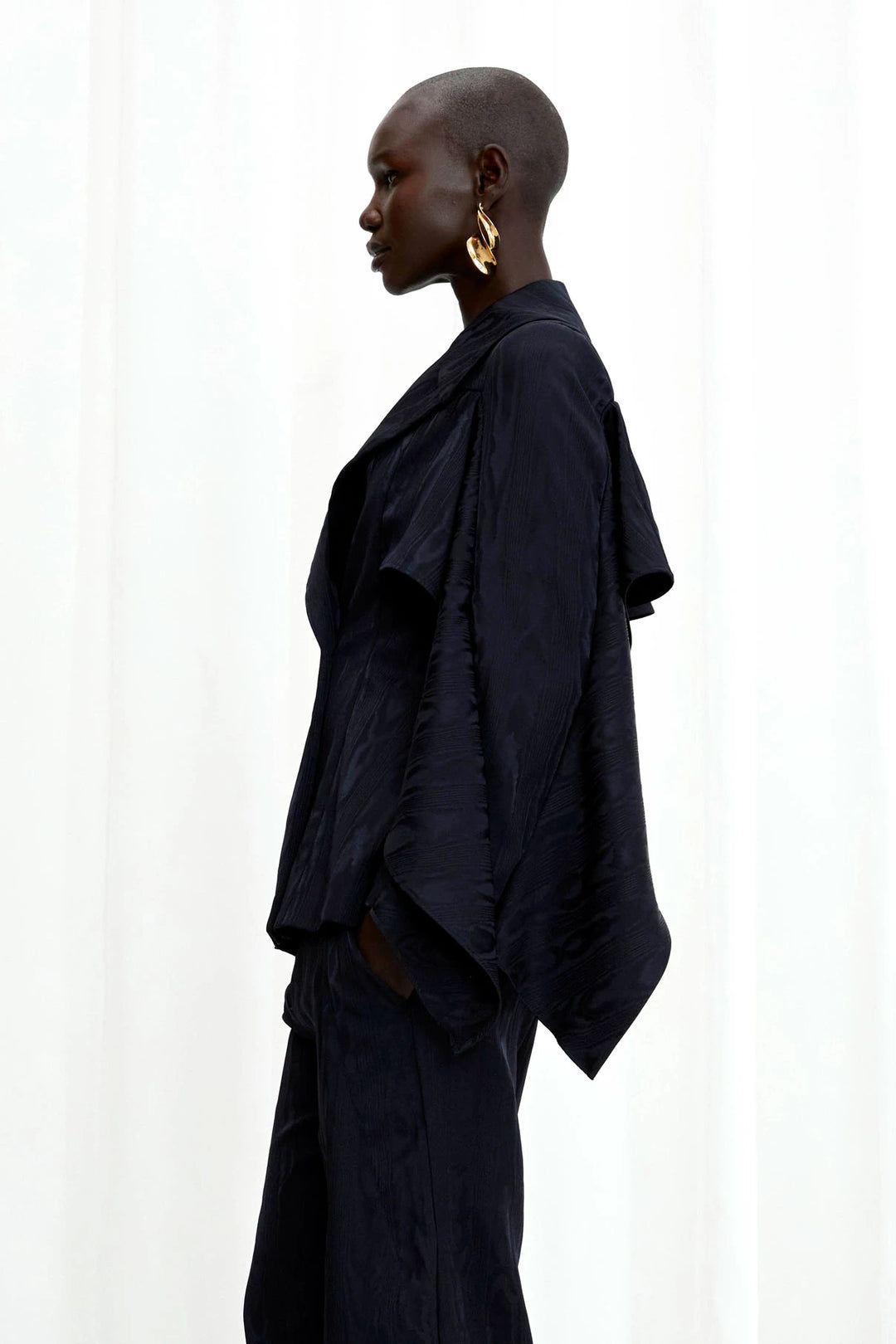 Waves Blazer, navy moire draped sleeved blazer