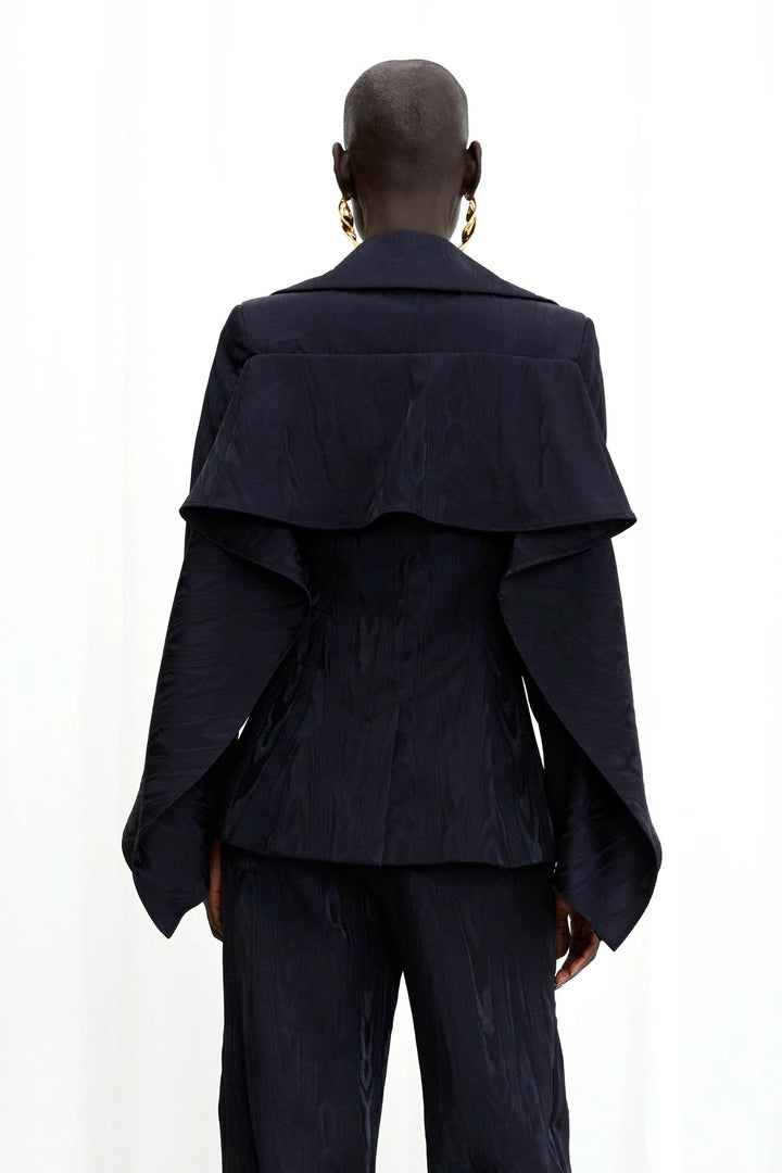 Waves Blazer, navy moire draped sleeved blazer
