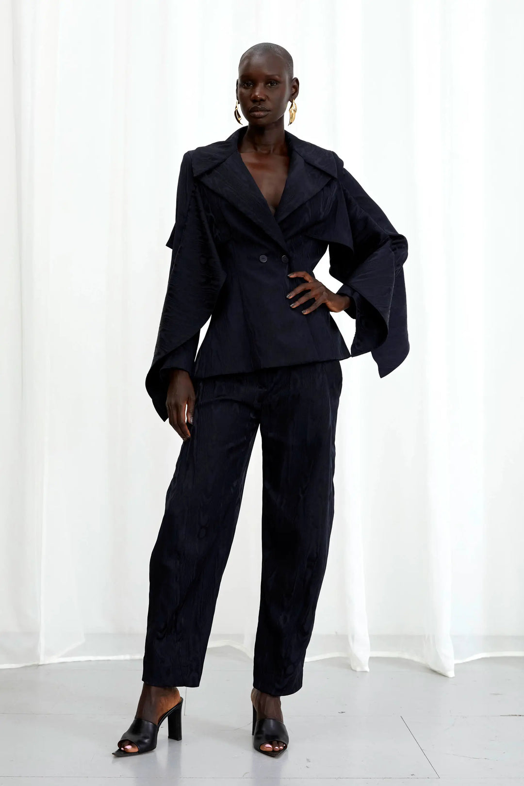 Waves Blazer, navy moire draped sleeved blazer