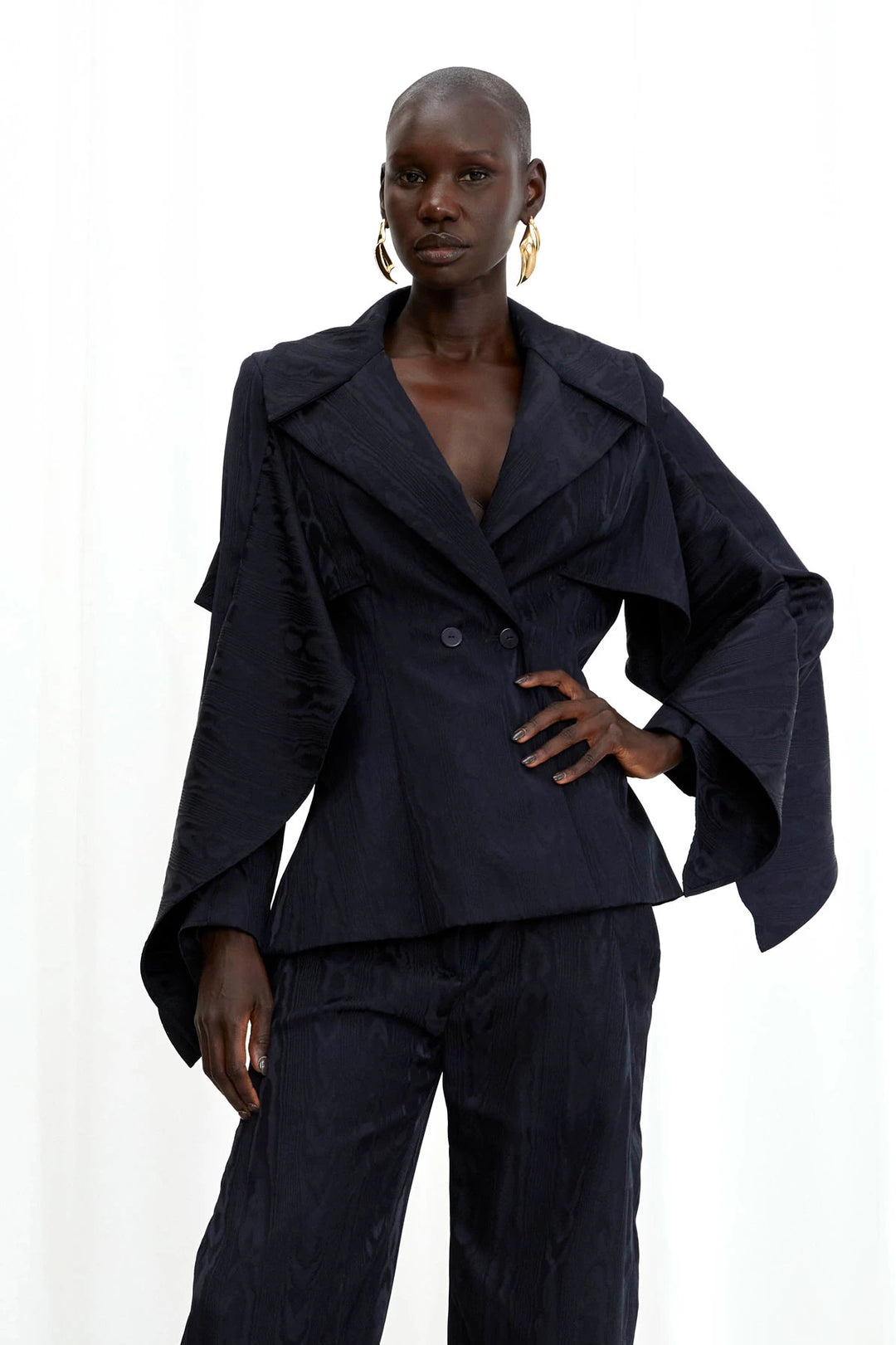 Waves Blazer, navy moire draped sleeved blazer