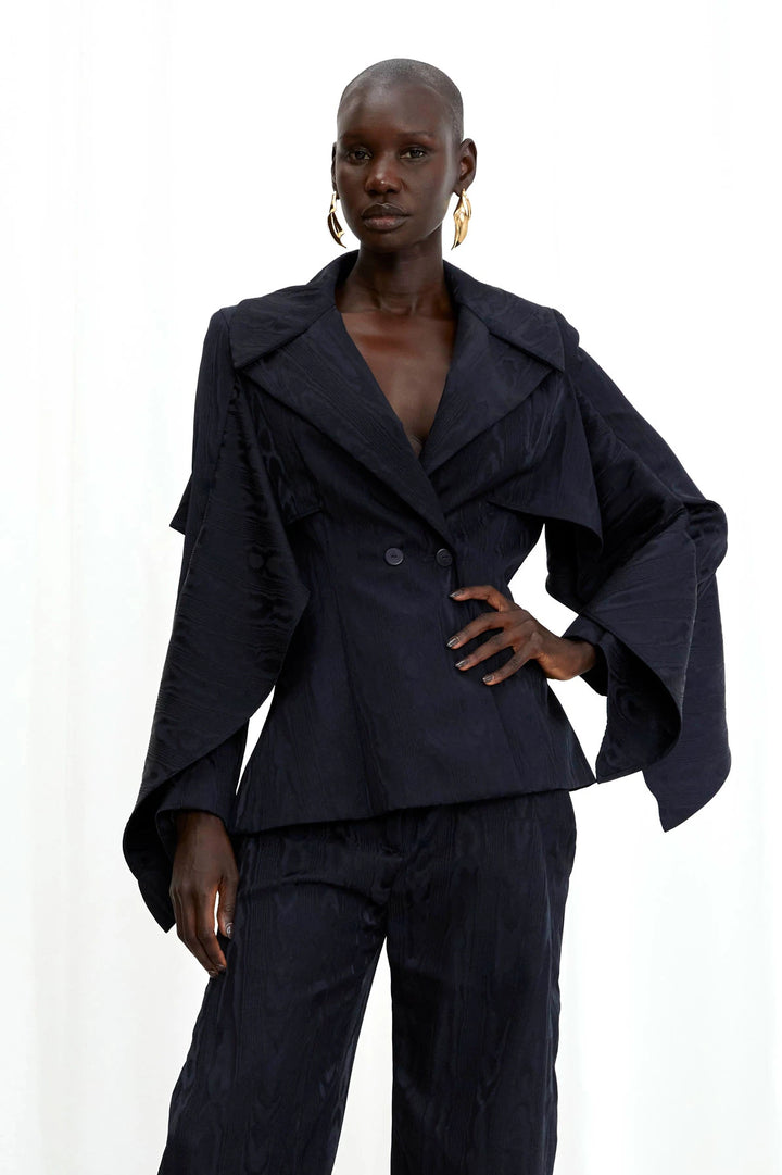 Waves Blazer, navy moire draped sleeved blazer