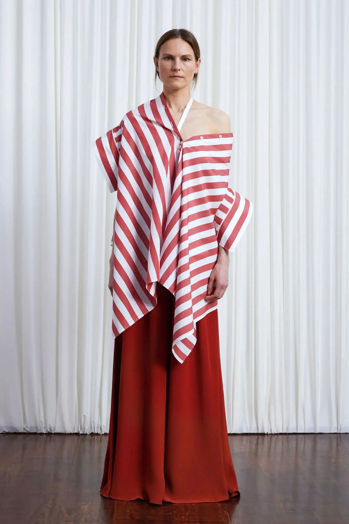 Haven Shirt, red wide striped cotton off shoulder loose shirt