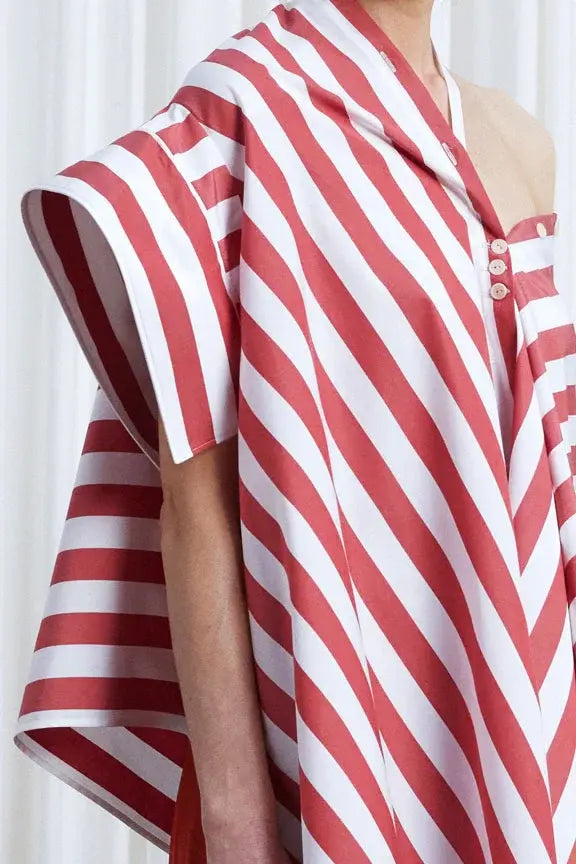 Haven Shirt, red wide striped cotton off shoulder loose shirt